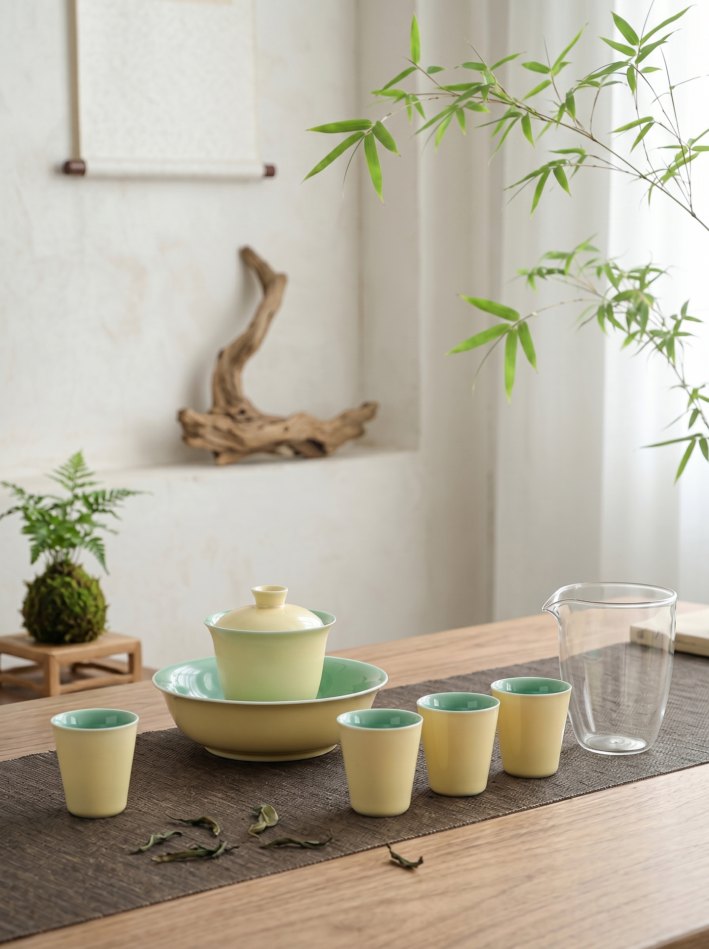 Butter-yellow Dehua porcelain gaiwan tea set with four cups, glass fair cup and gift box