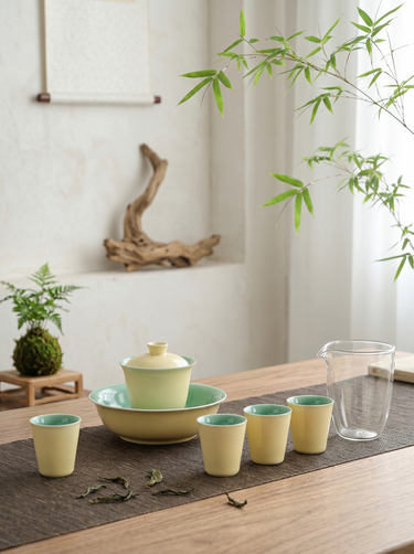 Butter-yellow Dehua porcelain gaiwan tea set with four cups, glass fair cup and gift box