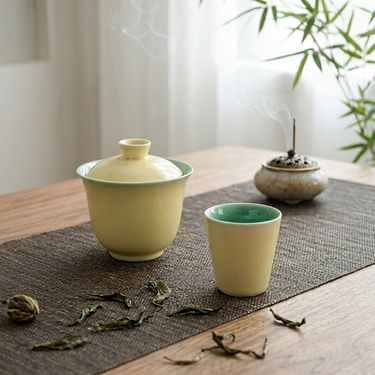 Butter-yellow gaiwan with jade-green glazed interior, 125ml Dehua porcelain