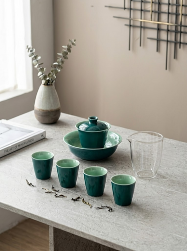 Emerald-green_Dehua_porcelain_gaiwan_tea_set_with_four_cups_glass_fair_cup_and_gift_box