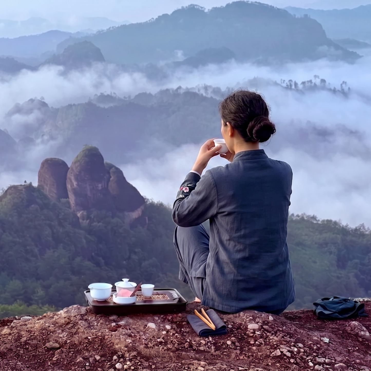 Enjoying Da Hong Pao tea on the misty peaks of Wu Yi Mountain
