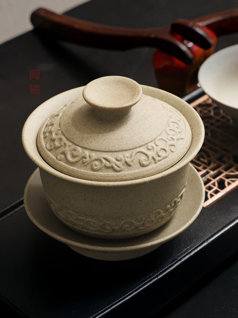 Rustic Stoneware Gaiwan – Cloud Pattern, 160ml