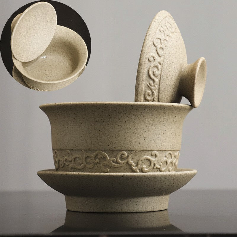 Rustic Stoneware Gaiwan – Cloud Pattern, 160ml