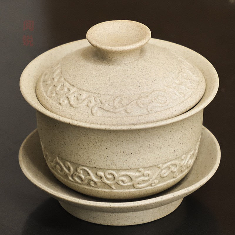Rustic Stoneware Gaiwan – Cloud Pattern, 160ml