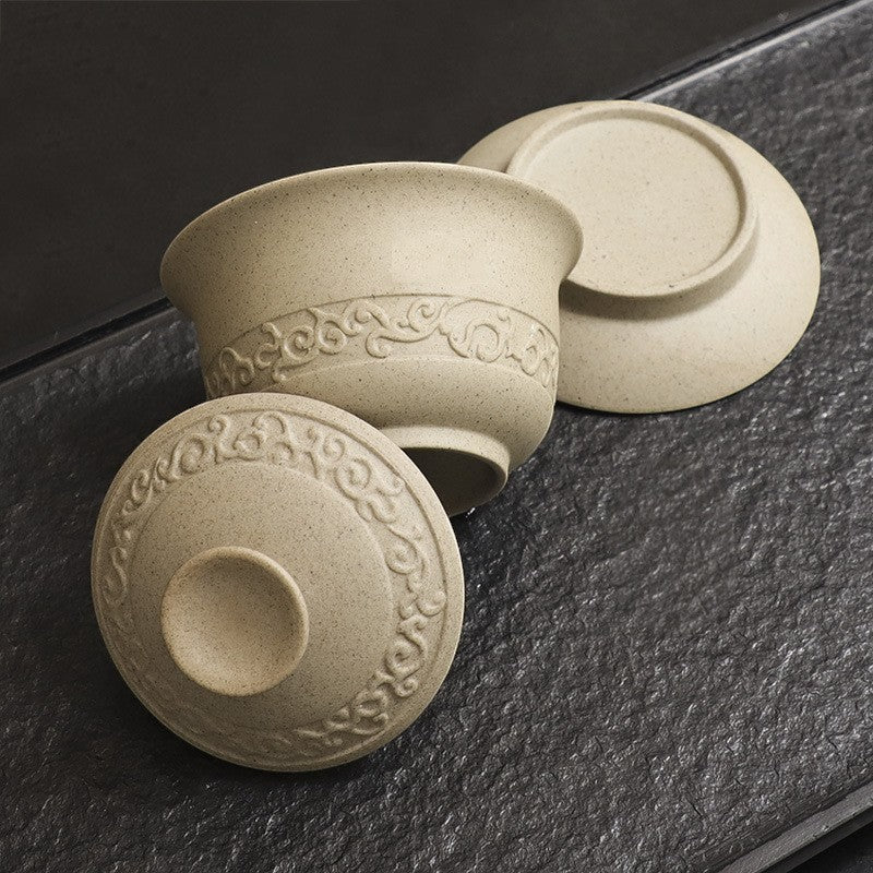 Rustic Stoneware Gaiwan – Cloud Pattern, 160ml