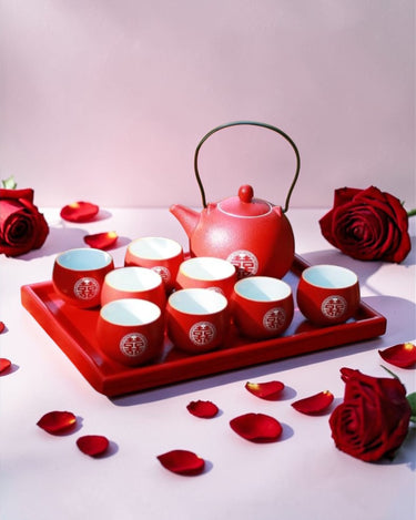 Chinese Wedding Tea Set – Red Double Happiness Teapot, Tray & 6 Cups