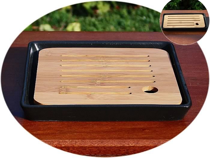 Tea tray black ceramic with bamboo top