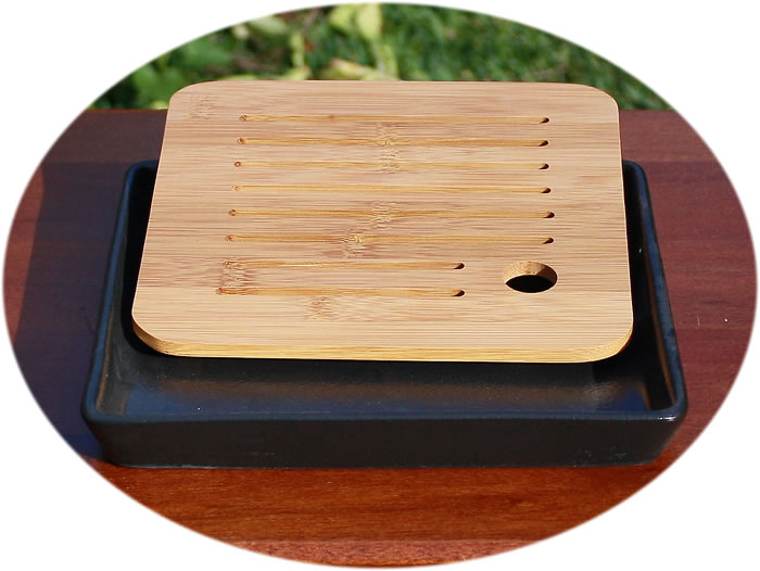 Tea tray black ceramic with bamboo top