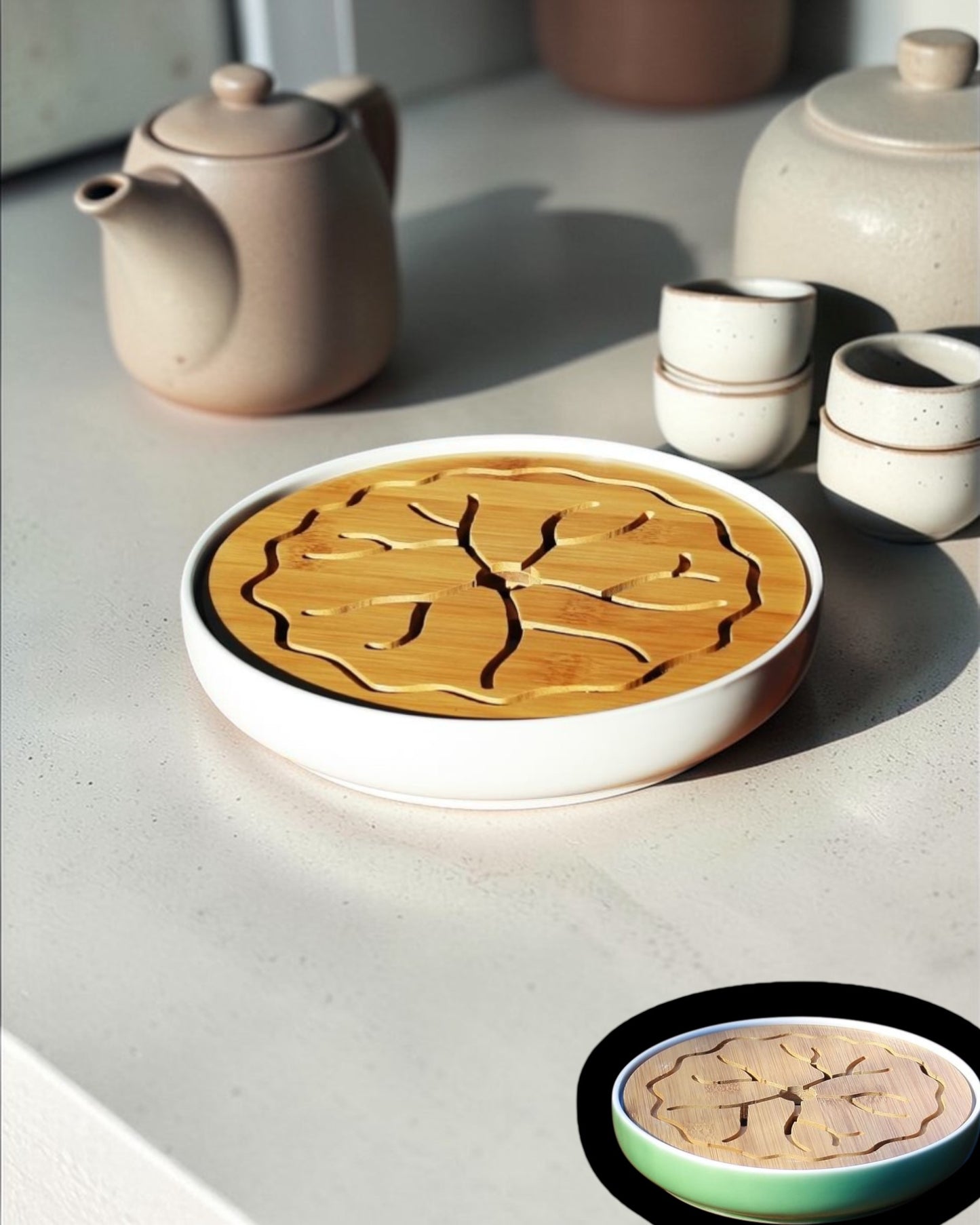 Tea tray ceramic with bamboo top - small