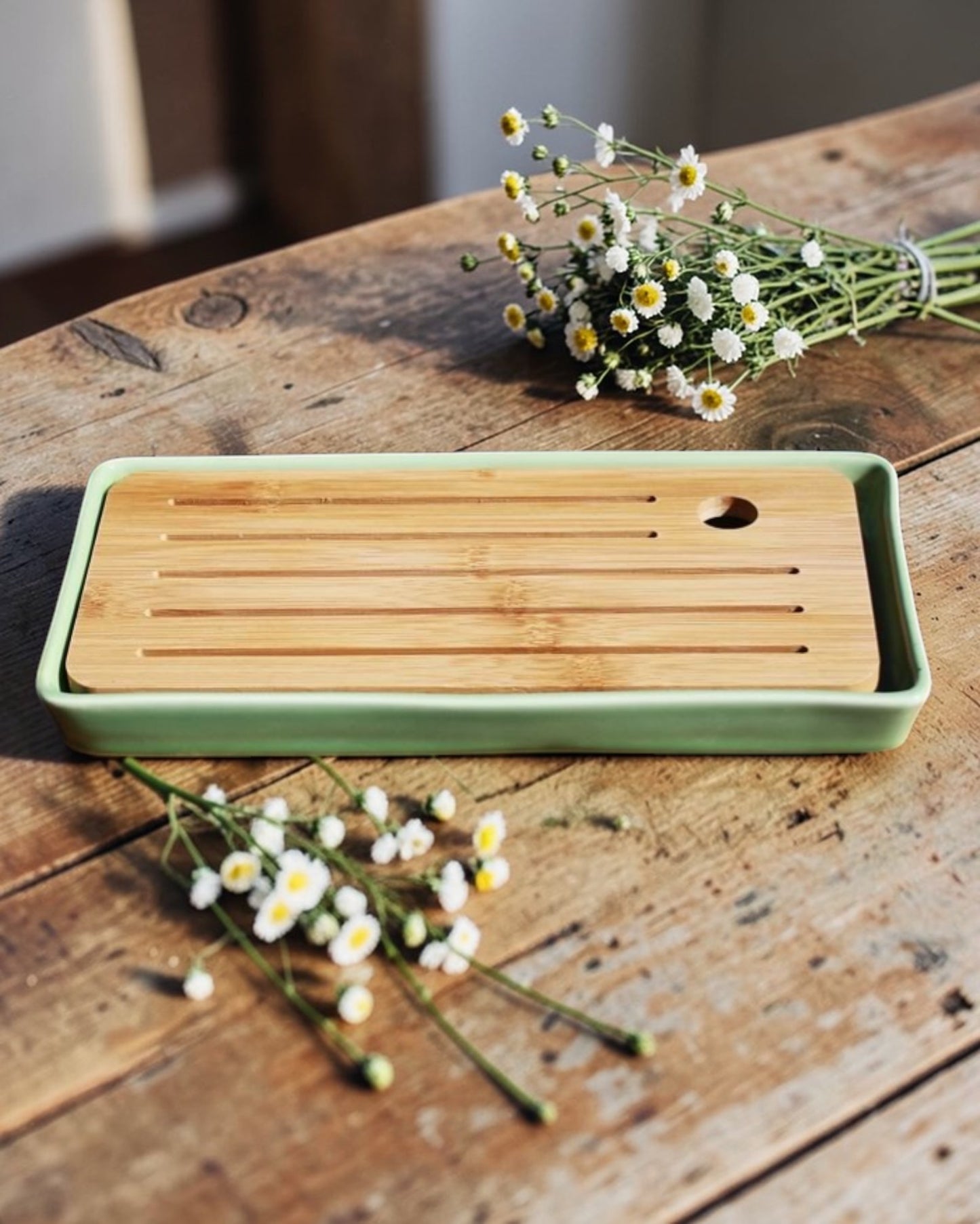 Tea tray Ceramic with bamboo top Green/Black Small