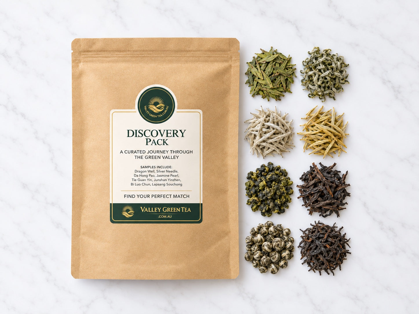 Valley Green Tea Discovery Pack with eight loose leaf tea samples