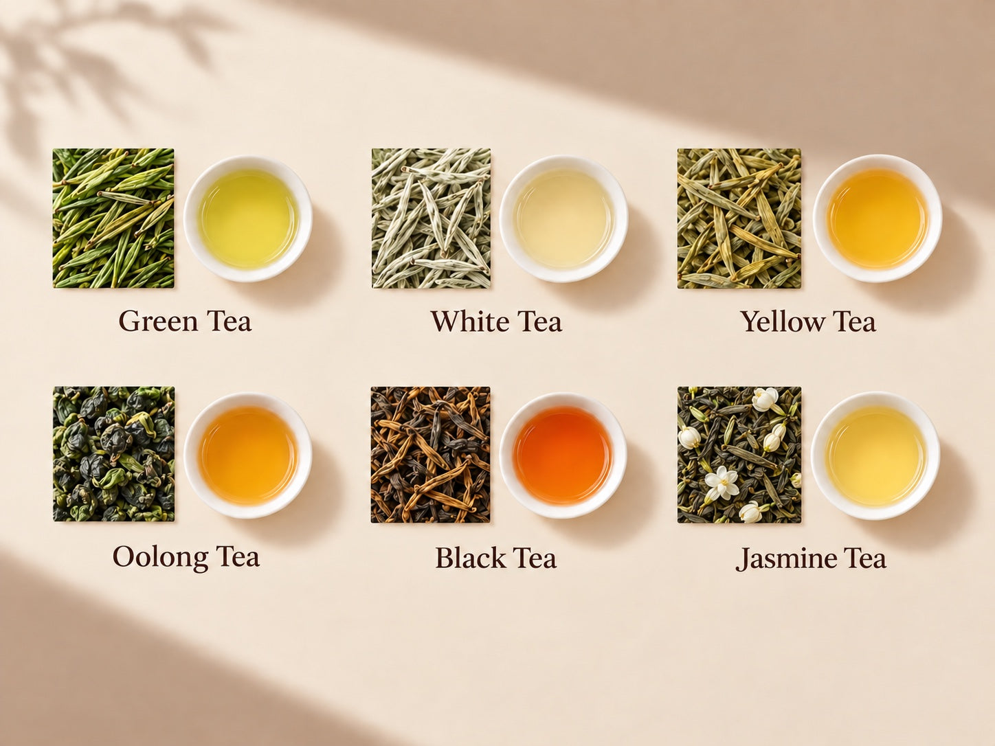 Green Tea, White Tea, Yellow Tea, Oolong Tea, Black Tea and Jasmine Tea